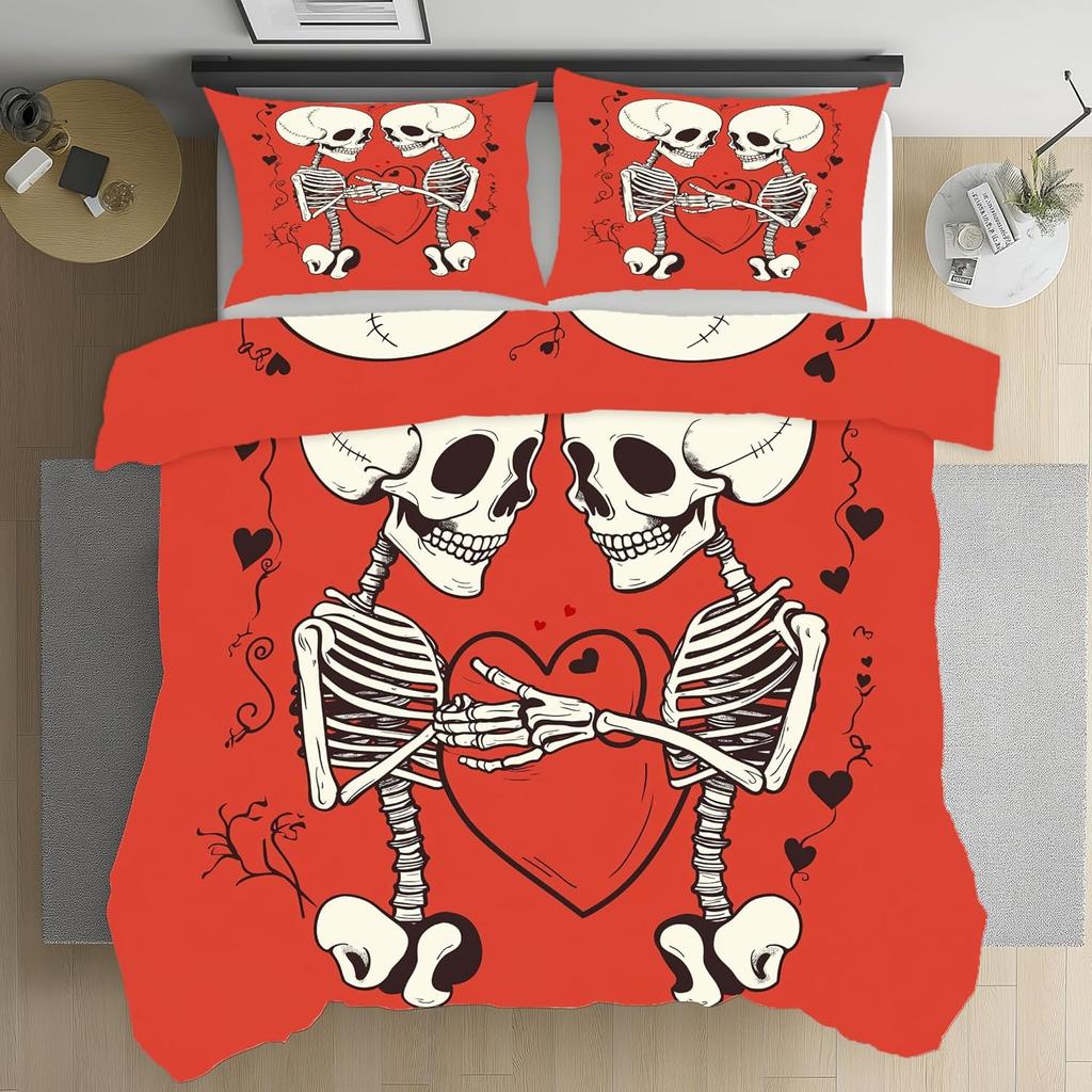 Gothic Style Skull Duvet Cover Set,Skeleton Bedding Set, Microfiber Duvet Cover Set with Zipper Closure for Teens and Adults