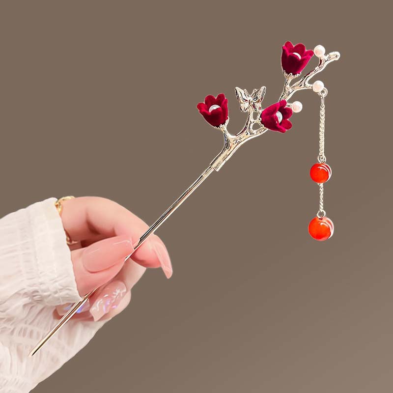 Retro Rose Hairpin For Women Chinese Style Tassel Hair Stick Pins Hair Clips Flower Handmade Hairpins Valentine's Day Headwear