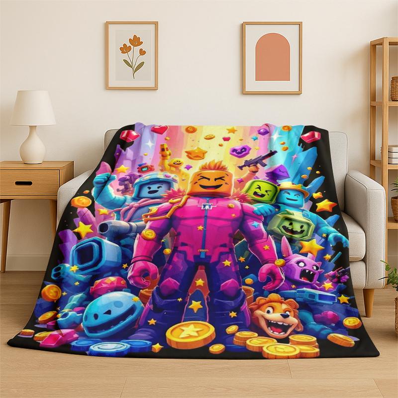 Cartoon R-Robloxs Game Gamer Flannel Blanket Soft Warm Throw Blanket for Bedroom Living Room Bed Travel Camping Picnic Gift