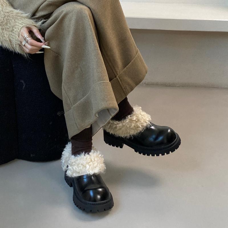 2026 New Spring Autumn Women Fur Lining Mary Jane Shoes Concise Short Plush Shoes Eelgant Dress Thick Heel Leather Pumps Shoes