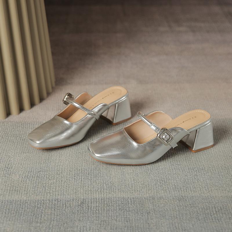 

Light mouth thick heel square head slippers female Mary Jane silver temperament single shoes work shoes occupation 40 срібний