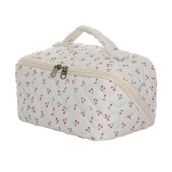 Quilted Floral Makeup Bag 180-Degree Flat Open Travel Cosmetic Organizer Women Large Capacity Toiletry Bag for Vacation Daily Vanity Table Use