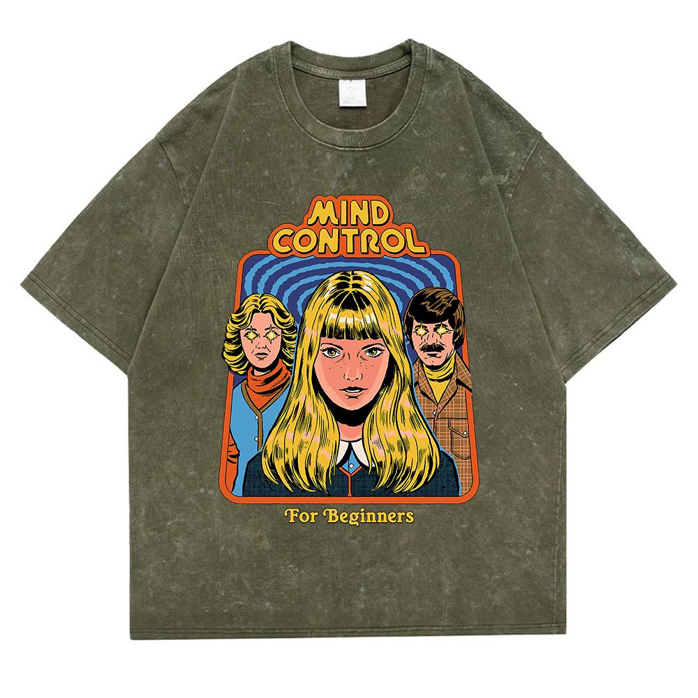 Mind Control For Beginners Washed Retro Men T Shirt Casual Oversize T-Shirt High Quality Cotton T-Shirt Short Sleeve