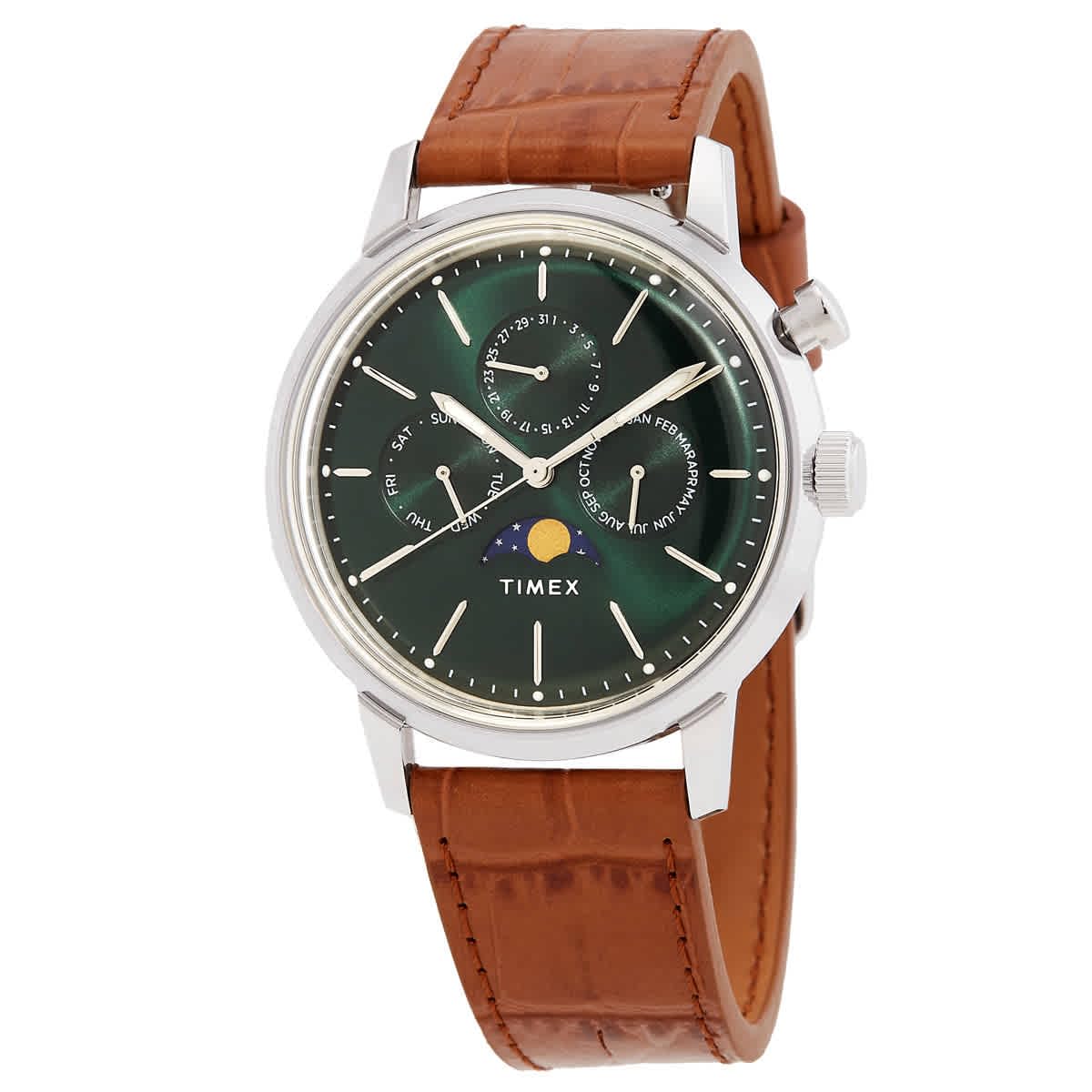 

Timex Men s Merlin Moonphase 40mm Watch - Brown Strap Green Dial Stainless Steel Case, Brown