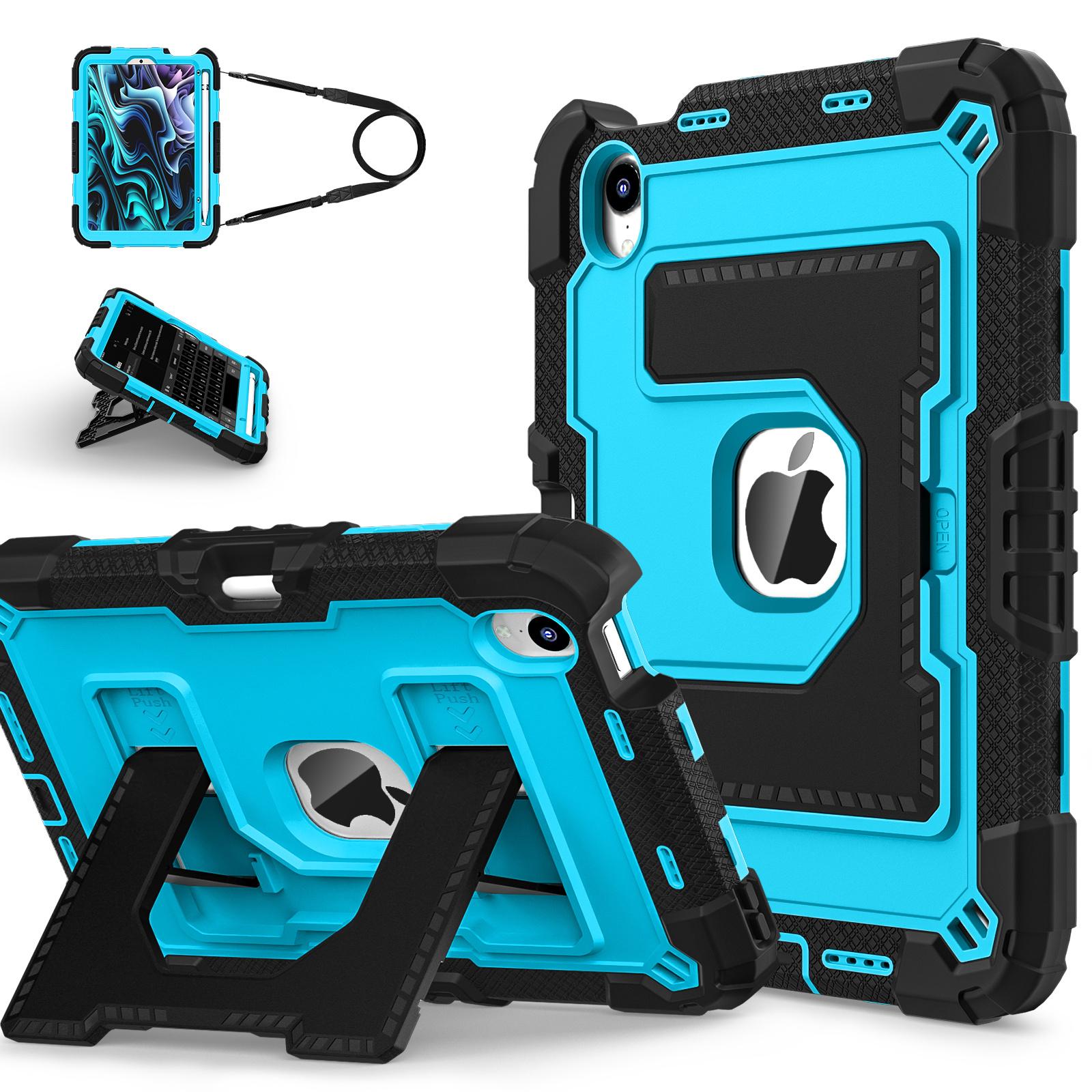 

For iPad mini (2024)/(2021) Case with Kickstand Strap Pen Slot Anti Drop PC+Silicone Tablet Cover Black/Blue