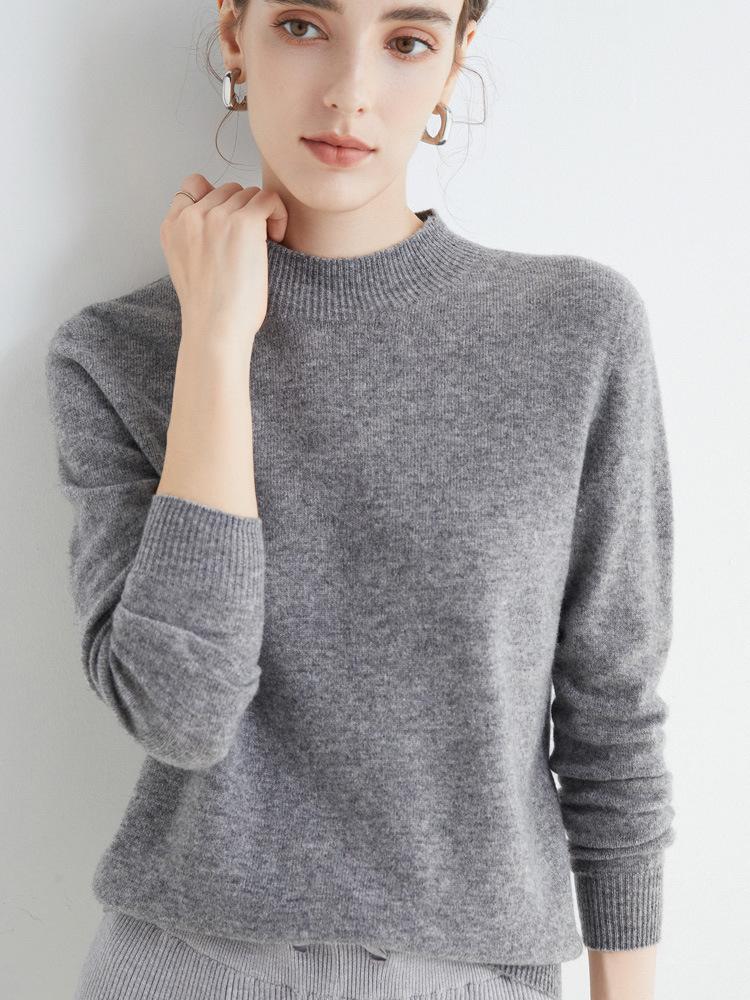 Women's Slim-Fit Autumn Sweater: Fashionable Half-High Neck, Versatile Pure Wool for Base Layer or Outerwear, Skin-Friendly