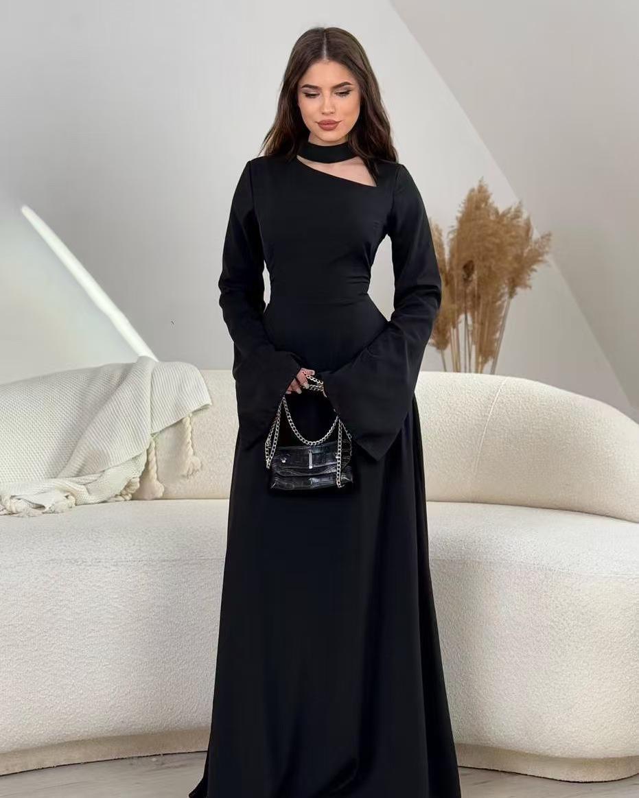 

Европейское и американское однотонное платье с длинным рукавом, стройнящее, для весны/осени S чёрный