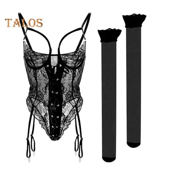 2Pcs/Set Sexy Underwear Set Deep V-Neck Bandage Design Jumpsuit Stockings Set Lace Splicing Hollow See-Through Sleepwear