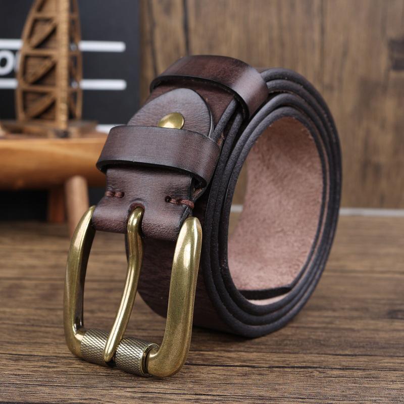 Men's Genuine Vegetable-Tanned Cowhide Leather Belt with Pin Buckle - Retro and Fashionable for Trousers & Jeans