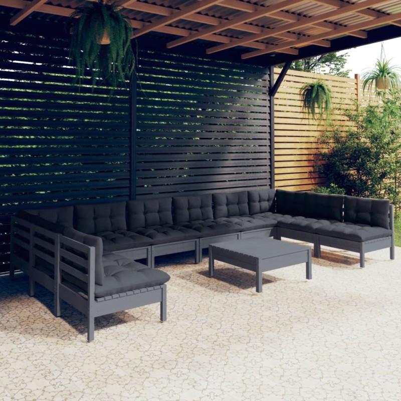 Día y Noche - Día y Noche Muebles de jardín 11 pzas y cojines gris madera maciza de pino