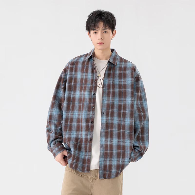 MEDE Men s Casual Color-Block Plaid Loose Fit Long Sleeve Shirt Jacket XL