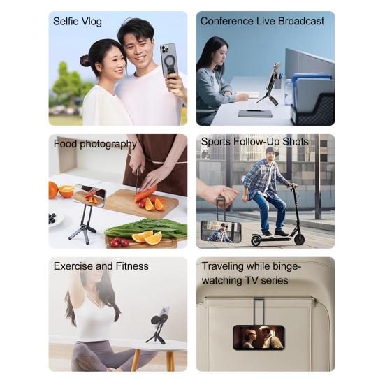 Magnetic Travel Phone Holder Portable Rotating Clip for Backpack & Selfie 5-in-1 Mode Foldable Phone Stand for Vlogging Live Streaming Adventure