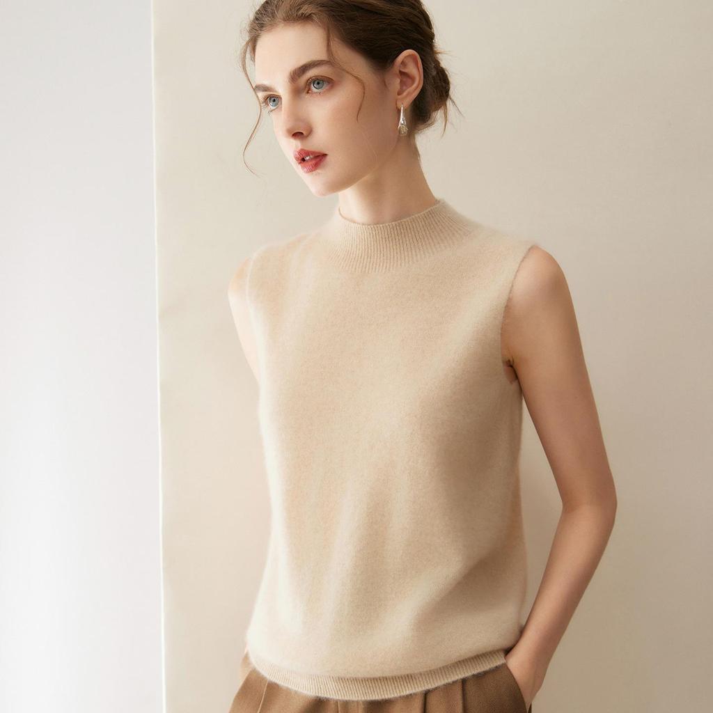 Women's Pure Cashmere Knitted Vest - Autumn/Winter Half High Neck Sleeveless Pullover Cardigan
