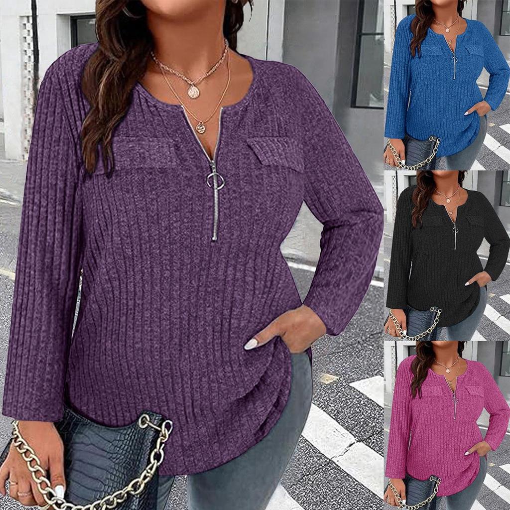 2025 Spring/Autumn Plus Size Women's Long Sleeve V-neck Zipper T-shirt