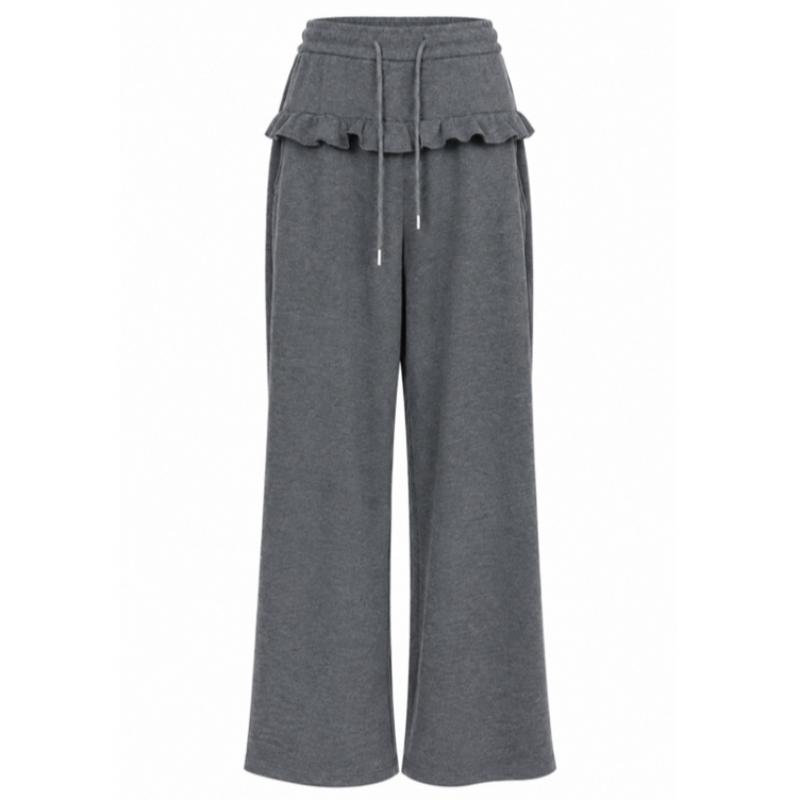 Shop Women Elastic Waist Tie Pocket Frill Wide Pants Black Ntt Wpt260130
