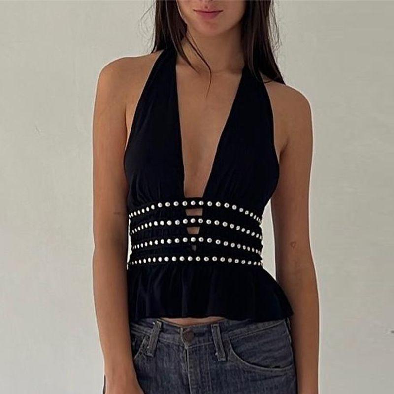 Hanging Neck Vest Iron Nail Deep V Halterneck Vest Fashion Silm Sexy Cutout Sexy Open Back Tops