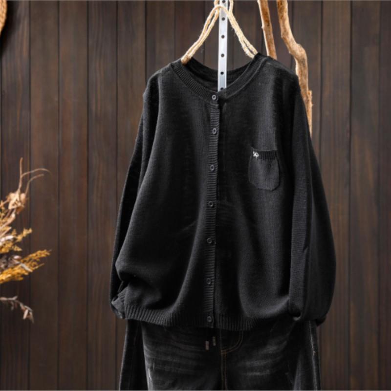 

Johnature Женские винтажные вязаные свитера однотонные с круглым вырезом и длинным рукавом одежда осень пуговичный пэчворк карманы свитера One Size чёрный