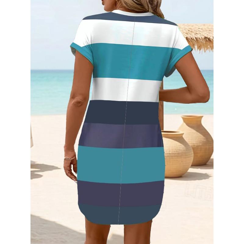 Schickes Übergrößenkleid Sommer Elegant Streifen Aufkrempelbare Ärmel Taschen Bequem & Lässig Damenkleider