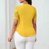 Women Tops V-Neck Short Sleeve Hollow Lace Splicing Design Shirt Tops Pure Color Slim