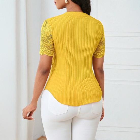 Women Tops V-Neck Short Sleeve Hollow Lace Splicing Design Shirt Tops Pure Color Slim