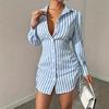 Women's Spring and Summer Striped Side Drawstring Long Sleeve Shirt Skirt