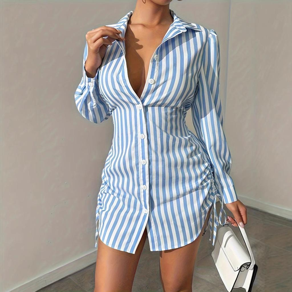 Women's Spring and Summer Striped Side Drawstring Long Sleeve Shirt Skirt