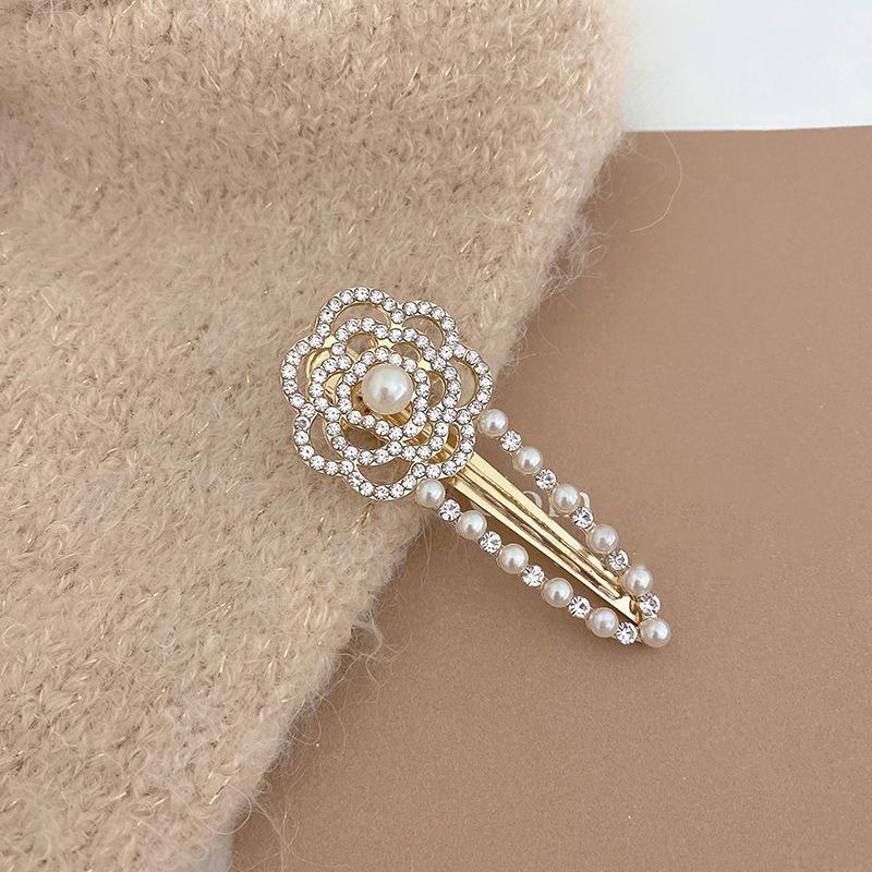 Korean Style Pearl Rhinestone Camellia Hair Clip Pearl Side Duck Beak Clip Women's Broken Bangs Clip Hair Accessories