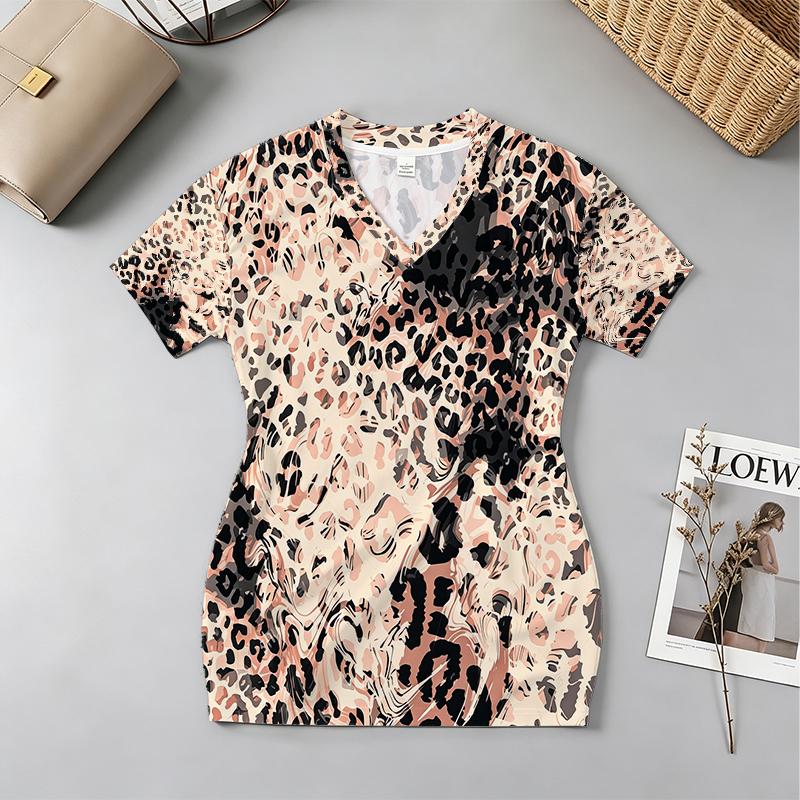 Slim Fit V-Neck Short Sleeve Dress, American Casual Leopard Print - Soft Comfy Summer Outfit for Street & Date
