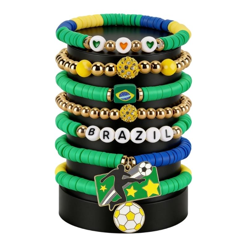 2026 Football Bracelet Set For Soccer Fan With Team Color And Football Charm Elastic Wristband