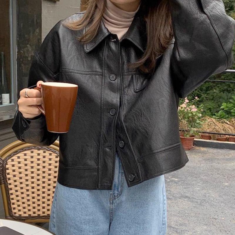 Women's European Style Brown PU Leather Jacket - Retro Petite Spring/Autumn 2025