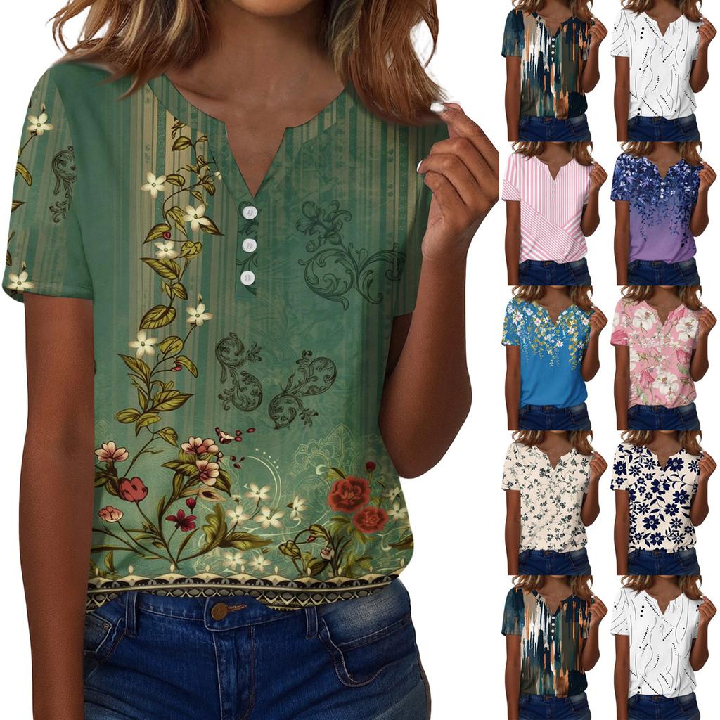 Women’s Short Sleeve V Neck Blouse with Button Floral Print Casual Loose Fit Lightweight Top Shirt