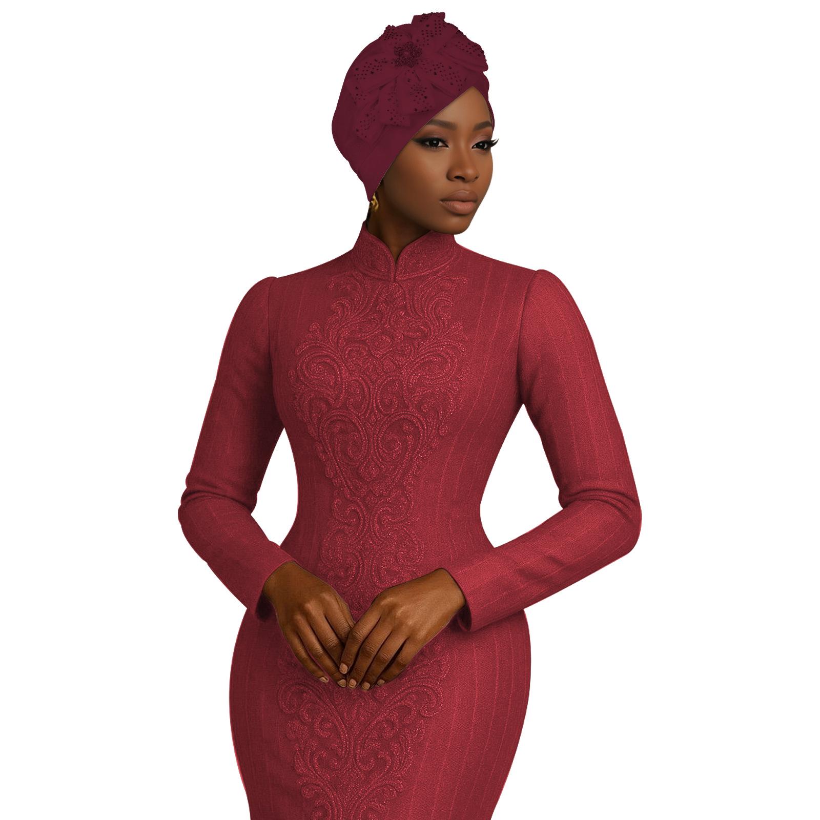 

New African Rhinestone Flower Casual Hijab Hat One Size вина червоного кольору