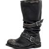 Mode Vintage Plateau Schnalle Stilvolle Motorrad Damenstiefel Eckige Zehenpartie Klobiger Hoher Absatz Mid-Calf Schuhe Retro Bikerstiefel