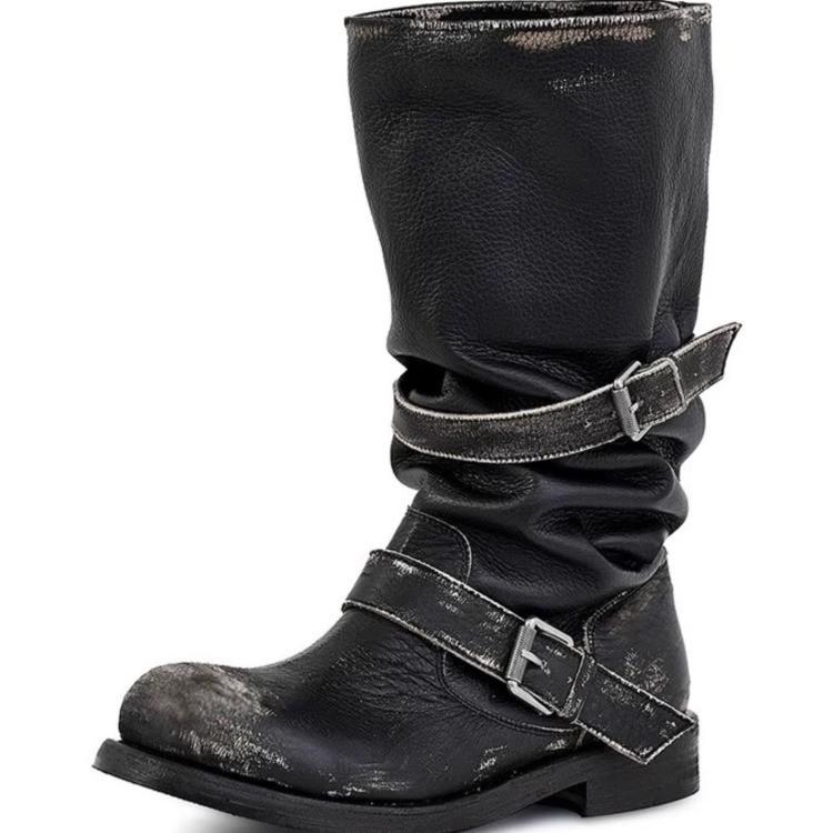 Mode Vintage Plateau Schnalle Stilvolle Motorrad Damenstiefel Eckige Zehenpartie Klobiger Hoher Absatz Mid-Calf Schuhe Retro Bikerstiefel
