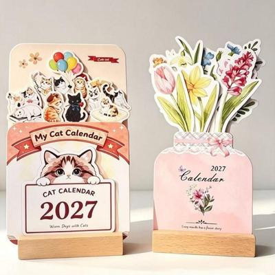 Calendrier de bureau Chat Mignon 2027 Base en Bois 12 Cartes Artistiques Peintes Planificateur Quotidien Mensuel Décoration Pour Bureau Maison École