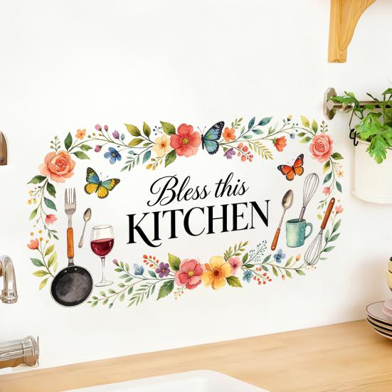 Bless This KITCHEN Wall Sticker Flower Butterfly Kitchen Utensils Self-adhesive Sticker Waterproof PVC Wall
