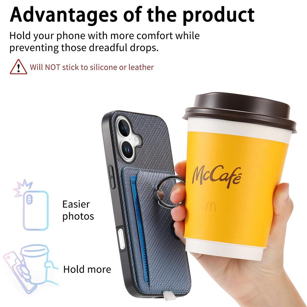 For iPhone 16 Case Ring Kickstand Leather Back Cover with Magnetic Detachable Card Holder
