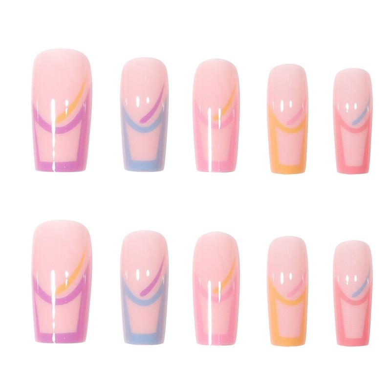 Rainbow French Press-On Nails UV Printed Nail Tips Reusable Acrylic False Women