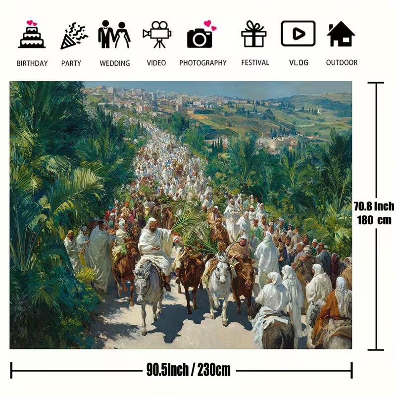 2D Triumphal Entry Backdrop, Palm Sunday Procession Scene Background for Christian Home Decor