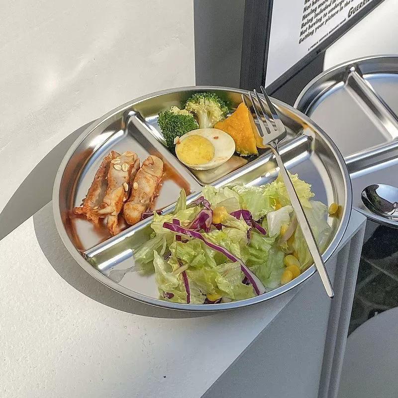 Anti - fall stainless - steel divided plates, anti - deformation bowls, simple divided plates, which are convenient, concise and