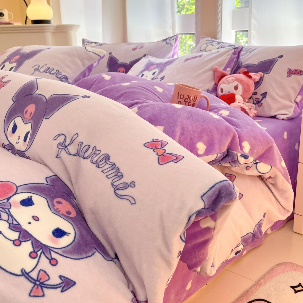 Children'S Thickened Milk Fleece Bed Four-Piece Warm Coral Fleece Fleece Quilt Cover Student Bedding