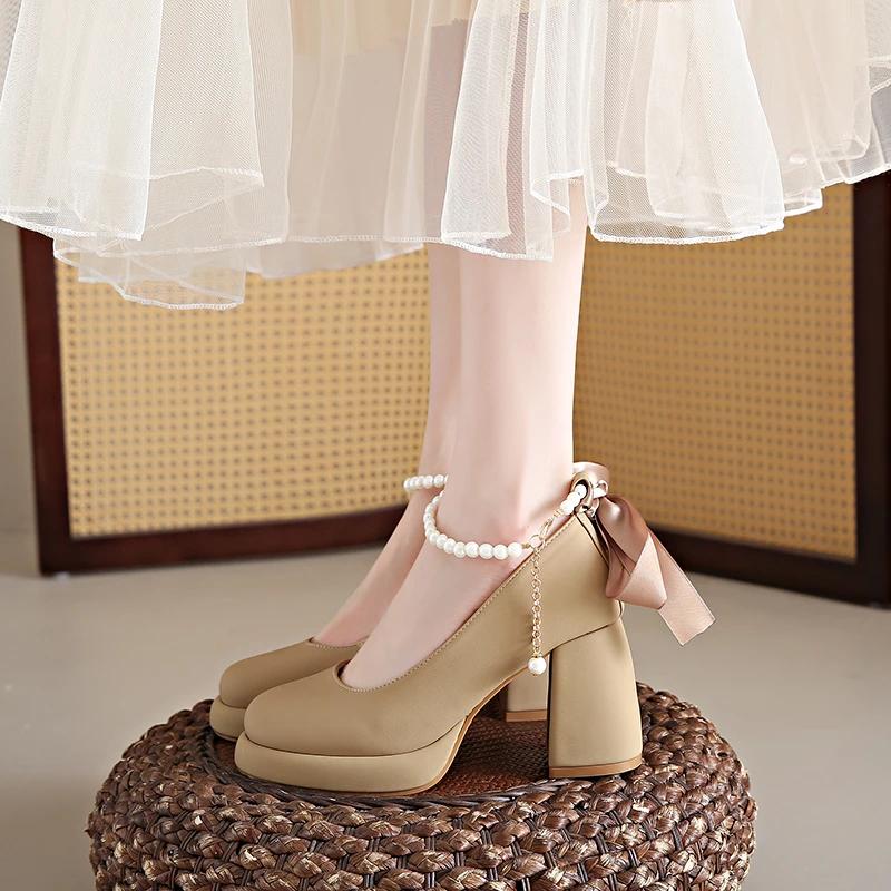 New Mary Janes Pumps for Womens Shoe Round Toe Shallow Mouth Beaded Bow 8.5CM Thick High Heels Office Shoes Size 34-43