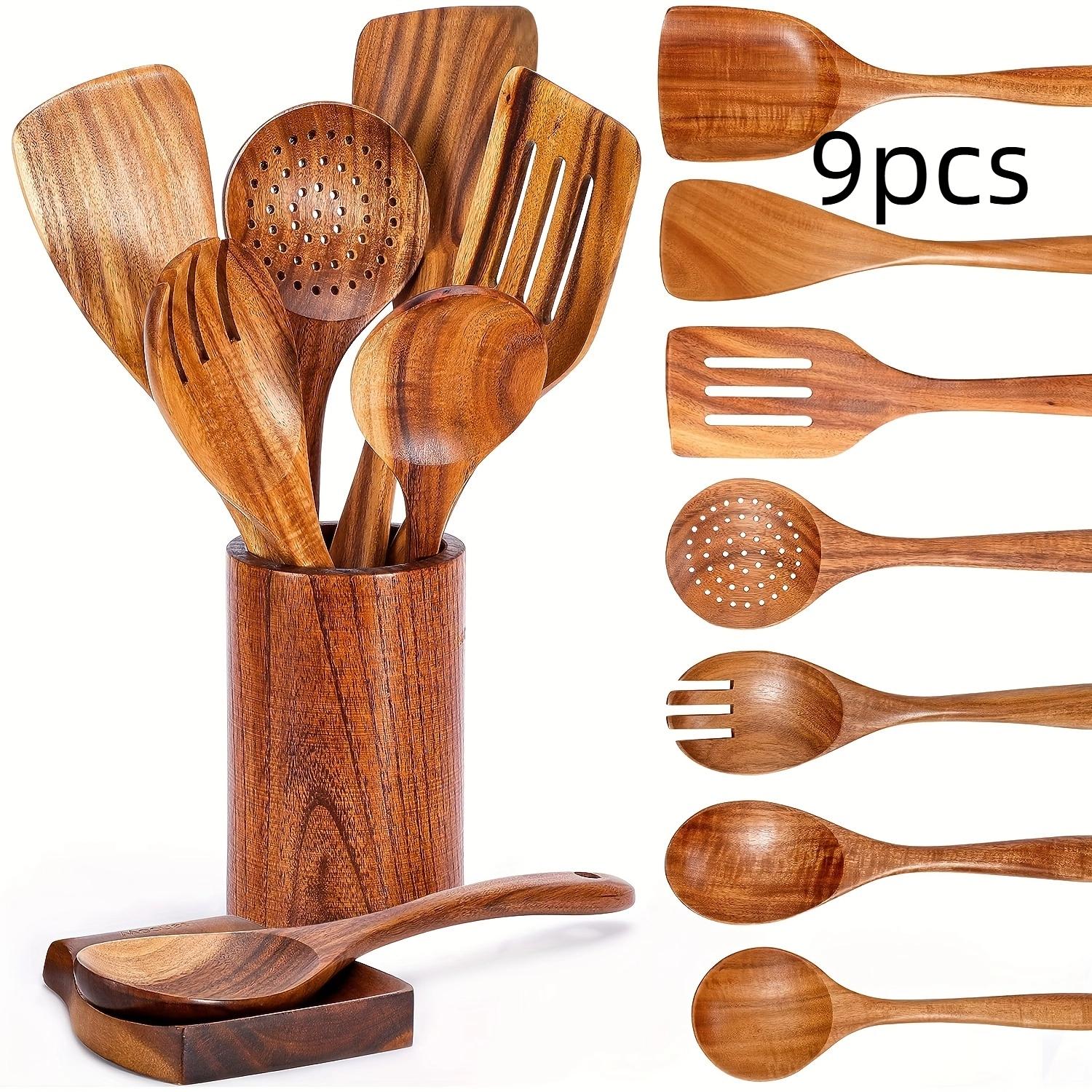 9pcs Premium Wooden Cooking Utensils Set Heat Resistant Non stick Pan Kitchen Cooking Tools Shovel Spoon Salad Spoon Fork