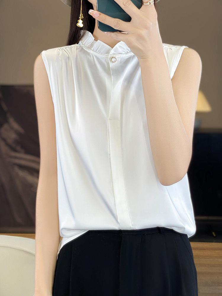 Wood Ear Lace Collar Silky Satin Sleeveless Slimming Vest for Women - Spring/Summer Temperament Shirt