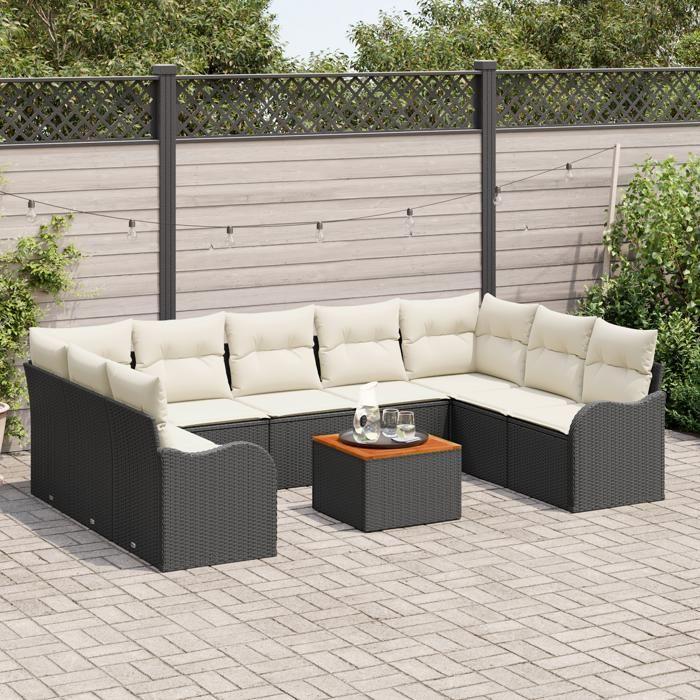 Canapé jardin 10 pièces avec coussins noir poly rotin, Canapé jardin 2 places avec coussins noir poly rotin 3347495