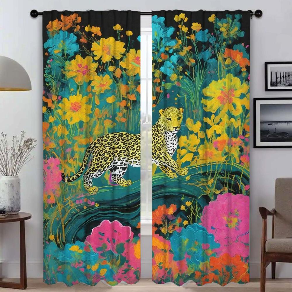 Tiger und Blume Küchenvorhänge für Wohnzimmer Vorhang Raumteiler Tüll für Schlafzimmer Halloween Dekoration Jalousien Verdunkelung Kind