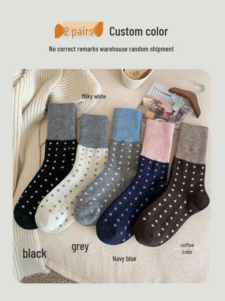 Women's Retro Polka Dot Mid-Calf Cashmere Socks - Warm & Thickened for Autumn/Winter
