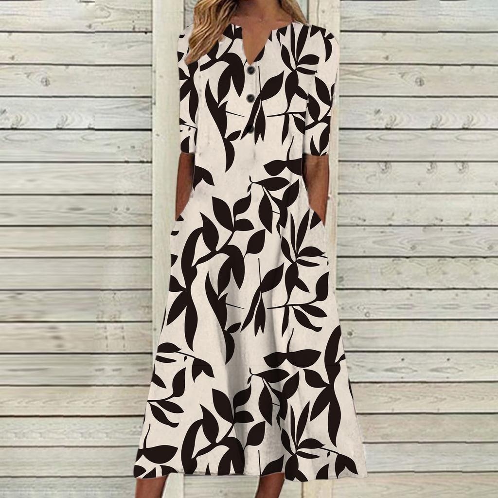 Womens Summer Dresses V Neck Floral Printed Midi Dress Casual Short Sleeve Dresses Trendy Flowy Vacation Sundresses