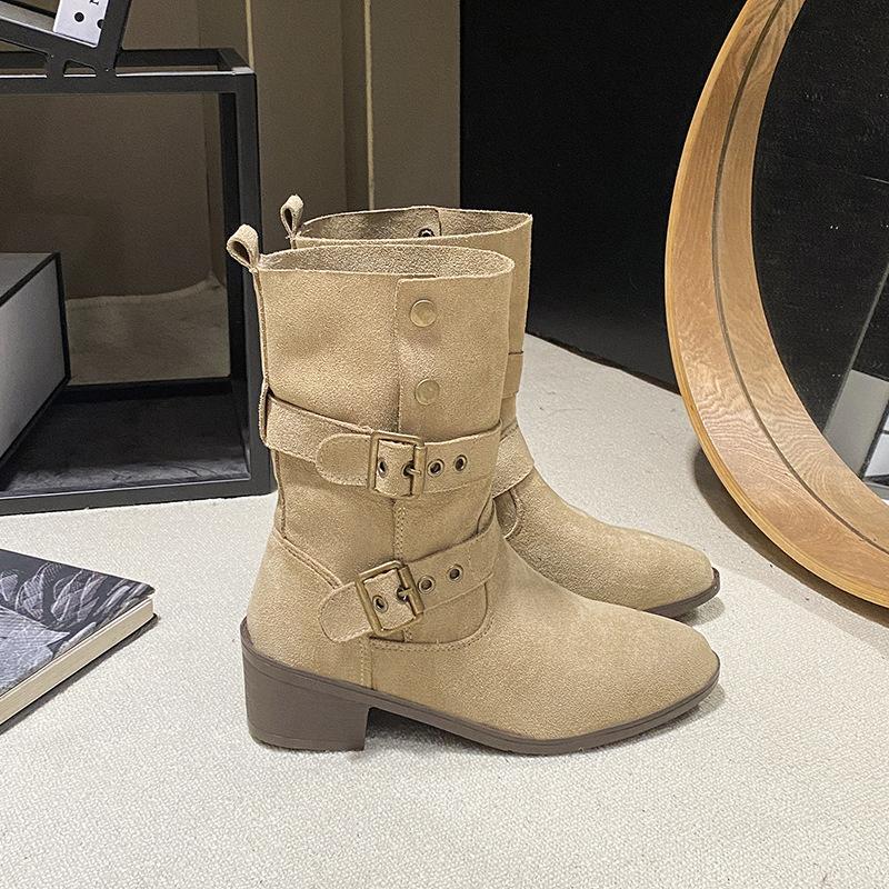 British Style Two Wear Folded Western Cowboy Boots High Heel Medium Boots Autumn and Winter Thick Heel Martin Boots Women's Platform Short Boots