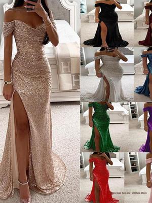 2026 European Sequin One-Shoulder Slit Dress for Casual Fashion